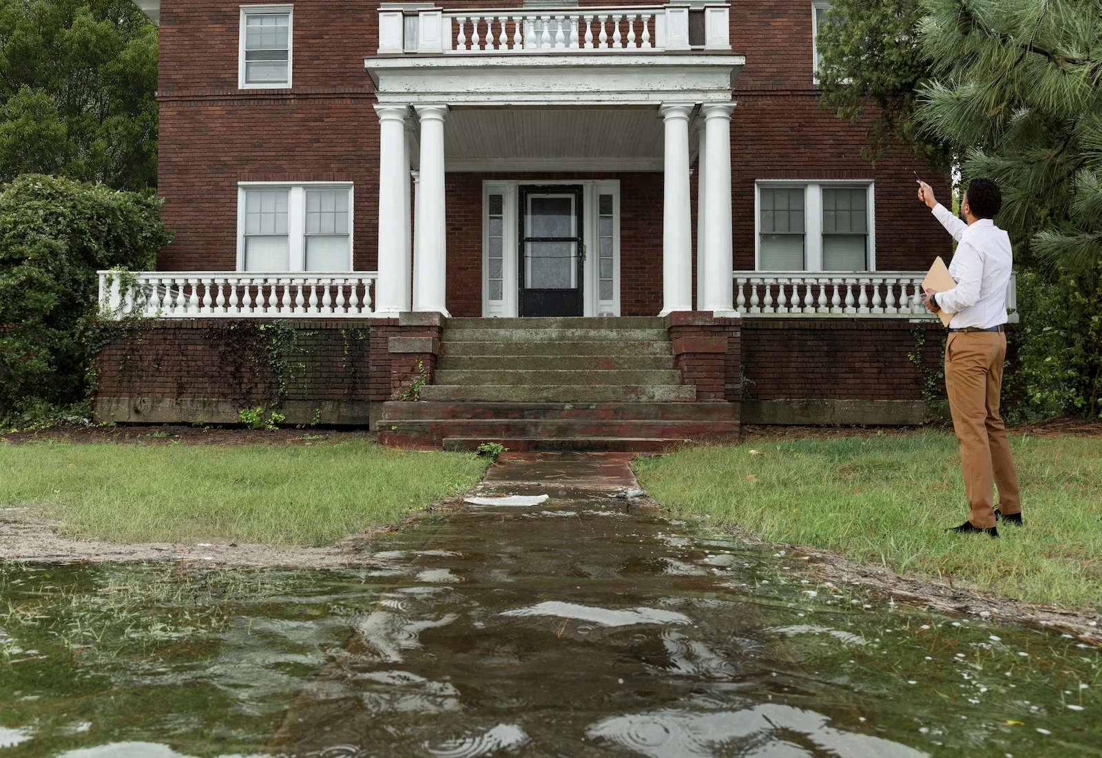 Flood-damaged home with standing water outside while an inspector assesses the property, representing building coverage for flood insurance.