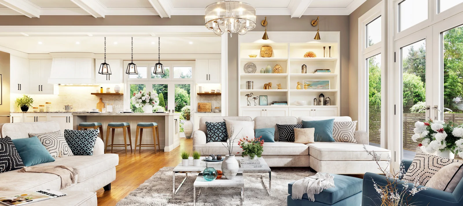 Well-furnished living room with comfortable seating and home décor, representing contents coverage for flood insurance.