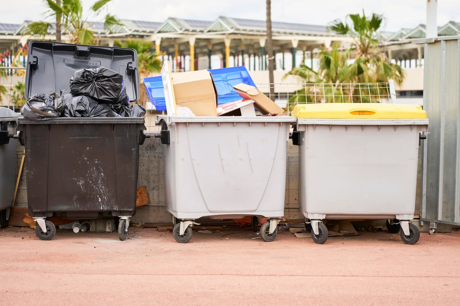 Trash bins filled with flood-damaged debris, representing debris removal coverage that helps pay cleanup costs after flooding.