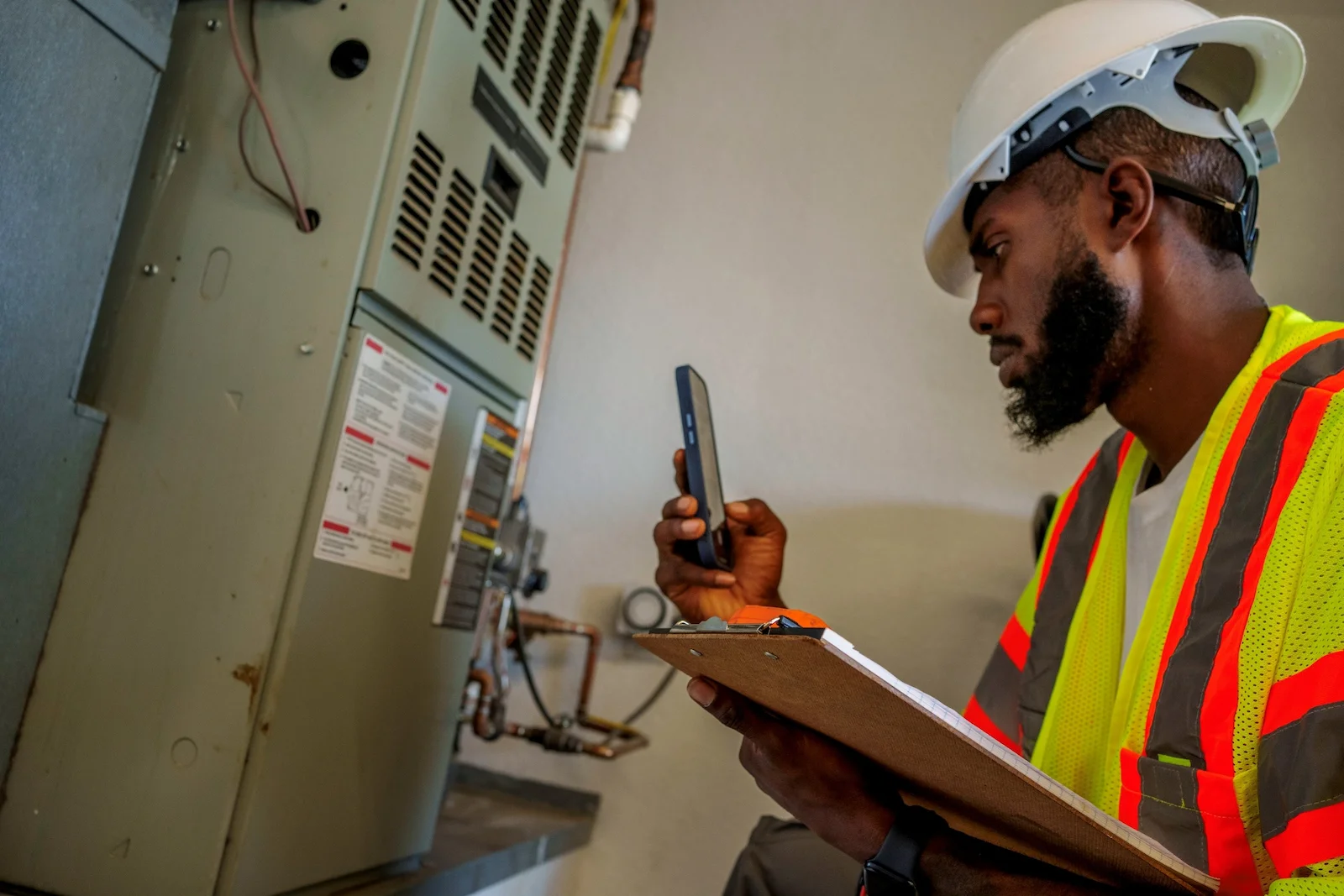 Technician documenting electrical system readings with a mobile device, representing flood insurance coverage for essential home systems.